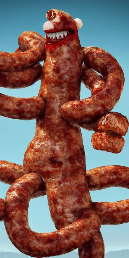 Image similar to a monster made of sausages posing for you against a solid white backdrop, [ scary, intimidating, threatening, horror, epic, cinematic, dramatic, 4 k, octane render, art by ed emshwiller ]