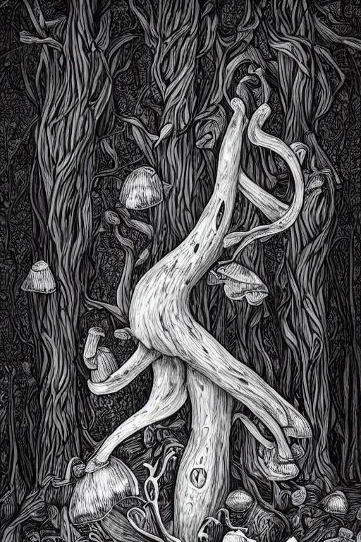 Image similar to black and white illustration, creative design, body horror, rotting forest mushroom monster