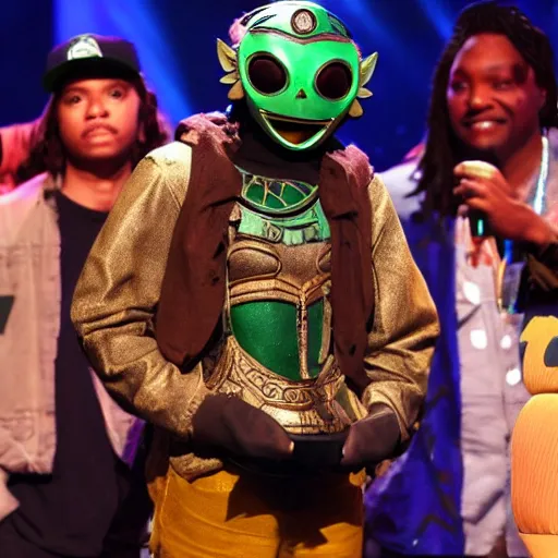 Prompt: legend of zelda majora's mask worn by mf doom onstage bet award show