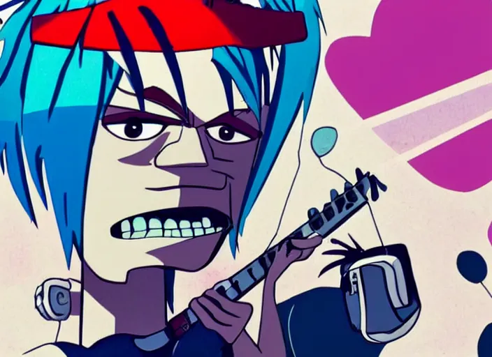 Prompt: 2 d from gorillaz playing a keyboard, blue hair, gorillaz style, jamie hewlett, animated music video screenshot