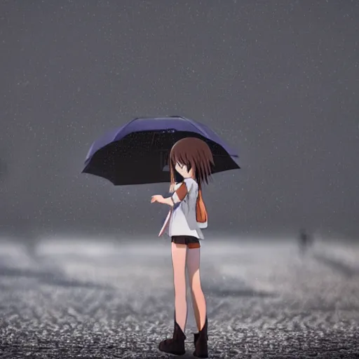 Prompt: an anime girl standing in the middle of an expansive city, rainy season, detailed, smooth