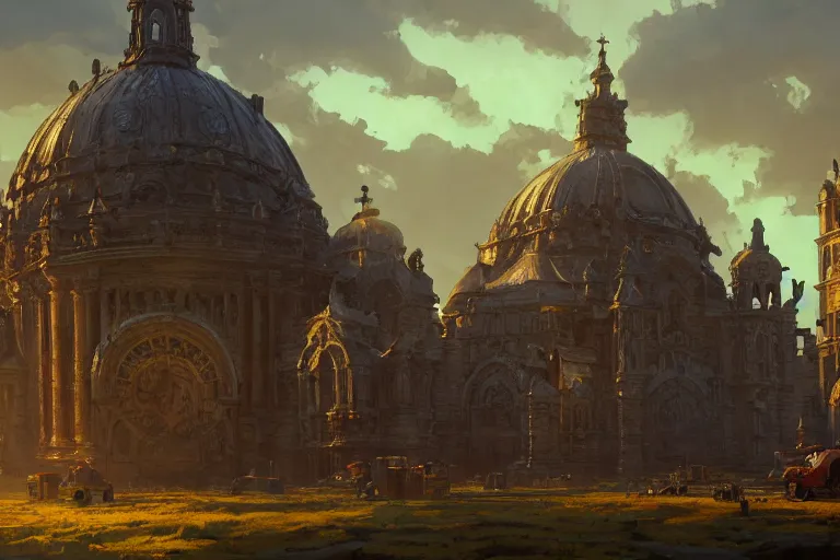Image similar to an ornate baroque church with chain wheels, mortal engines, scene in an open field. key visual, conceptart, ambient lighting, highly detailed, digital painting, artstation, concept art, sharp focus, by makoto shinkai and akihiko yoshida and greg manchess