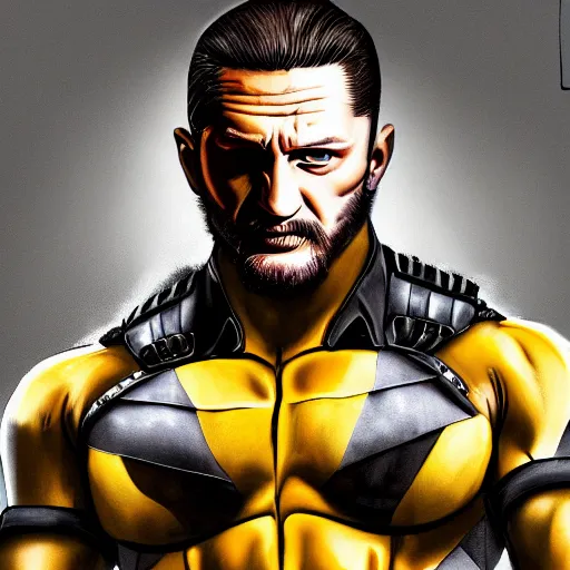 Image similar to Tom Hardy in wolverine suit Digital art 4K quality Photorealism