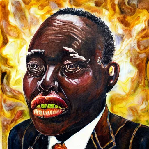 Image similar to a painting of a fatherly wide forehead, round face, XXL , loving, caring, generous, ever-present, humble, wise elder from Kenya in a suit by Wangechi Mutu . Fatherly/daddy, focused, loving, leader, relaxed,. ethereal lights, details, smooth, sharp focus, illustration, realistic, cinematic, artstation, award winning, rgb , unreal engine, octane render, cinematic light, macro, depth of field, blur, blue strong light and clouds from the back, highly detailed epic cinematic concept art CG render made in Maya, Blender and Photoshop, octane render, excellent composition, dynamic dramatic cinematic lighting, aesthetic, very inspirational, arthouse.