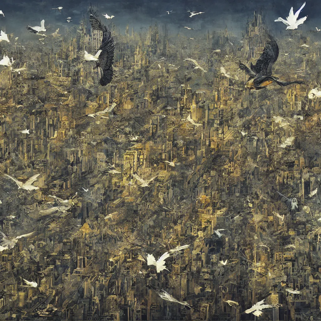 Image similar to digital birds fly over a progressively rasterized city into virtuality, oil on canvas by dave mckean and ivan shishkin