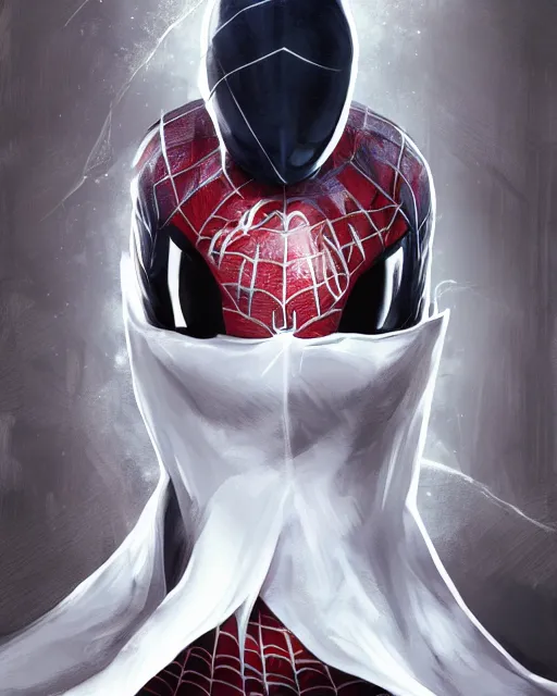 Image similar to spiderman in a white hood, 8 k photo, portrait, dynamic lighting, fantasy concept art, trending on art station, stunning visuals, creative, cinematic, ultra detailed, comic strip style