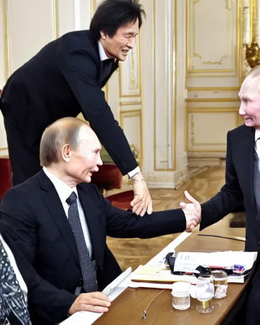 Prompt: sixty years old viktor tsoi in a business suit shaking hands with vladimir putin, joyful look, kremlin russia, color photo, in the style of documentary journalism, mid shot photo, digital photo