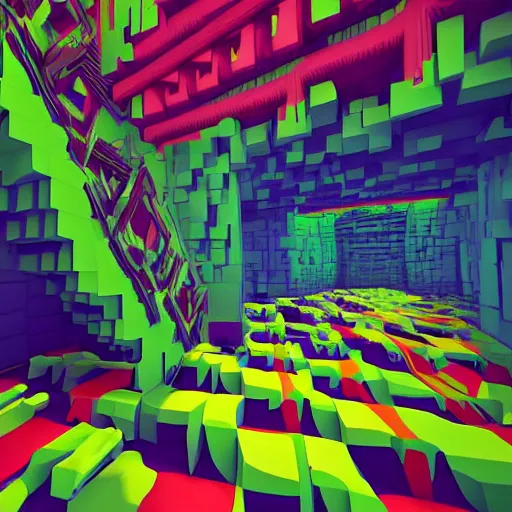 Image similar to a drawing of a room with a staircase, a computer rendering by kilian eng, cg society contest winner, psychedelic art, op art, isometric, voxel art, vaporwave