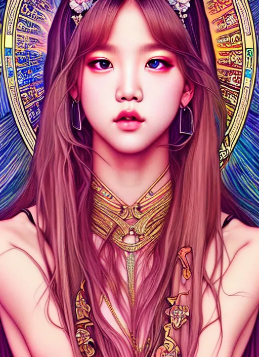 Image similar to lalisa manoban of blackpink, goddess of the moon, tarot card, highly detailed, digital painting, smooth, sharp focus, illustration, ultra realistic, 8 k, art by artgerm and alphonse mucha