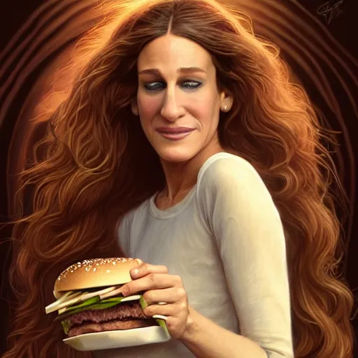 Image similar to portrait of Sarah Jessica Parker eating hamburgers, extra onions and ketchup, luscious patty with sesame seeds, feminine ethereal, handsome, D&D, fantasy, intricate, elegant, highly detailed, digital painting, artstation, concept art, matte, sharp focus, illustration, art by Artgerm and Greg Rutkowski and Alphonse Mucha