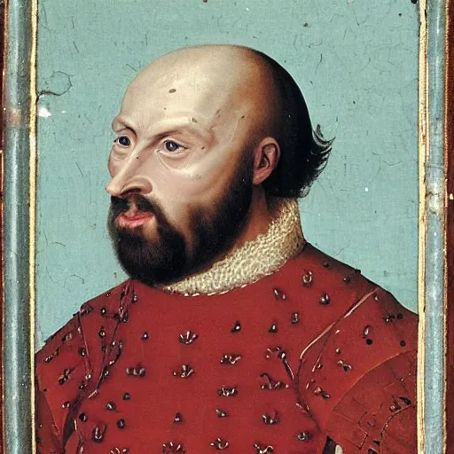 Prompt: medieval nobleman, bald with a black beard and a serious look on his face.