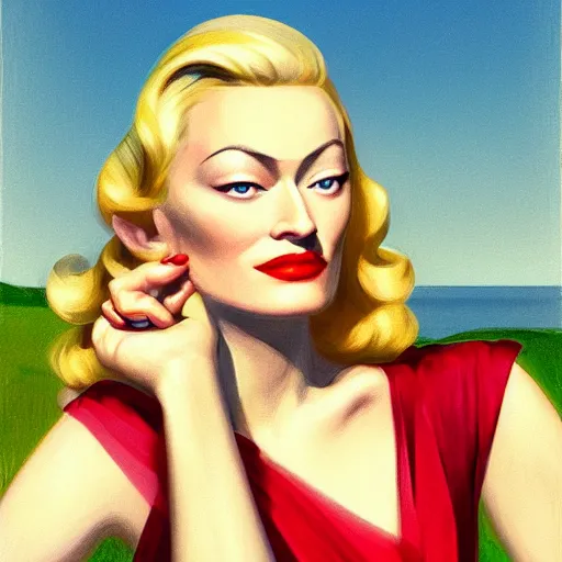 Prompt: A beautiful close-up of a blonde woman who looks like Olivia Wilde and Madonna and Marlene Dietrich, dressed like in the 1940s, digital art by Edward Hopper, vibrant color scheme, highly detailed, in the style of romanticism, fine Art, high detail, great lighting, 8k resolution, masterpiece, concept art, illustration, clear eyes, soft lighting, soft details, painting oil on canvas, octane render, HDR, trending on artstation, 4k, 8k, HD