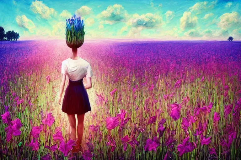 Image similar to giant gladiola head, girl walking in field of flowers, surreal photography, sunrise, blue sky, dramatic light, impressionist painting, digital painting, artstation, simon stalenhag