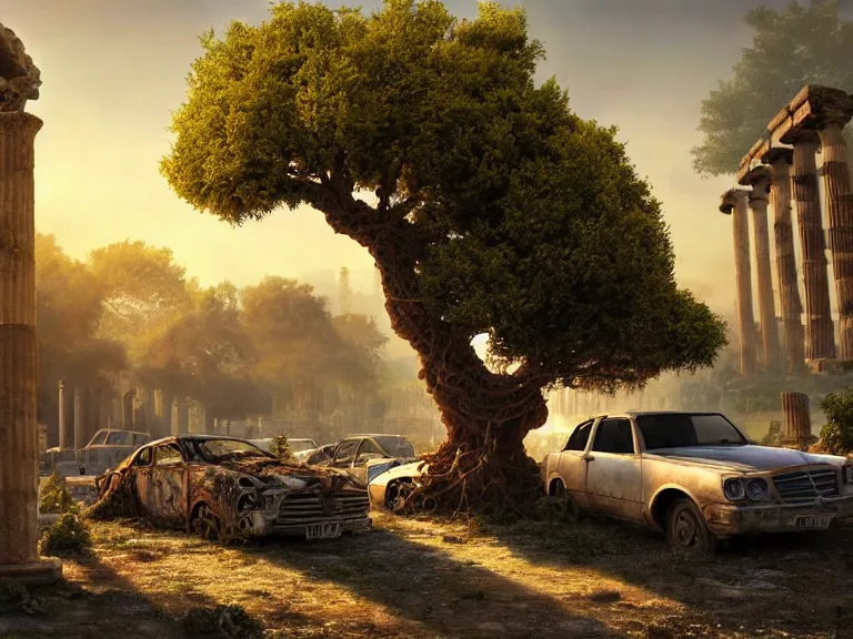 Prompt: a tree growing on a scrap car in ancient greek ruins, gray wasteland, many scrap cars, overgrown, pillars and arches, colorful flowers, vines, hyperrealistic, highly detailed, cinematic, ray of golden sunlight, beautiful, cgsociety, artstation, 8 k, oil painting by greg rutkowski, by artgerm, by wlop