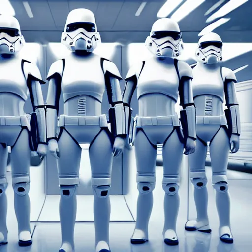 Prompt: troop of very short cloned women with white bob hairdos, tight light blue space trooper suits, standing next to tall scientist looking at a clipboard, futuristic cloning facility, sci - fi, highly detailed, cinematic