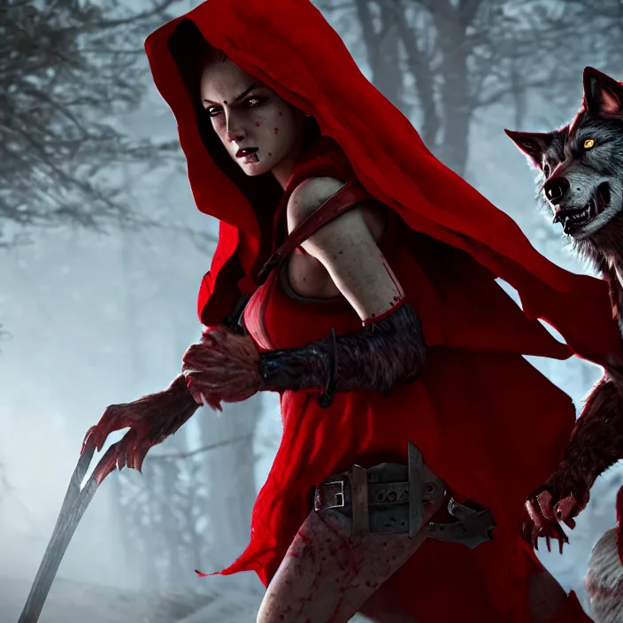 Image similar to beautiful red riding hood warrior confronting a werewolf ,highly detailed, 8k, HDR, award-winning, trending on artstation, octane render