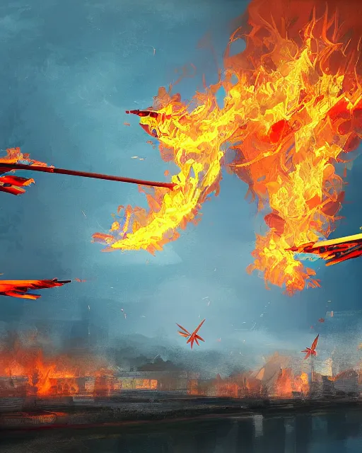 Image similar to in the lower part of the picture is the harp burning in the fire, above are cranes flying in flames, digital painting, concept art