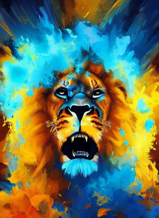 Image similar to a painting of a lion's face with blue and yellow smoke coming out of, a digital painting by petros afshar, behance contest winner, digital art, behance hd, digital illustration, digital painting