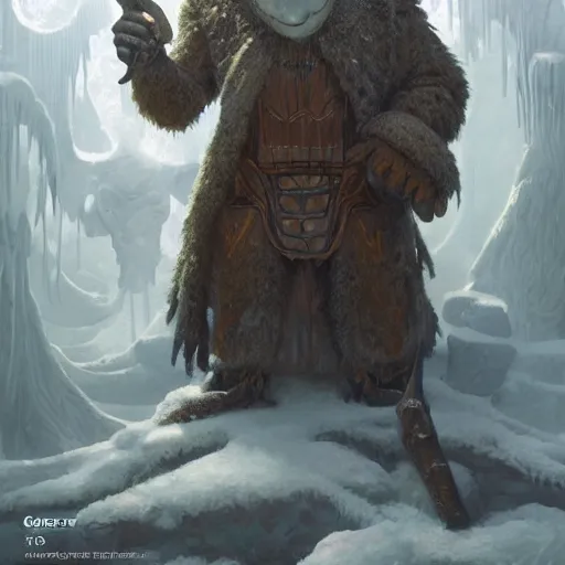 Prompt: anthropomorphic turtle humanoid, greg rutkowski, tim hildebrandt, icicles, snow cave, fur jacket, battlehammer, wayne barlowe, tall, fantasy