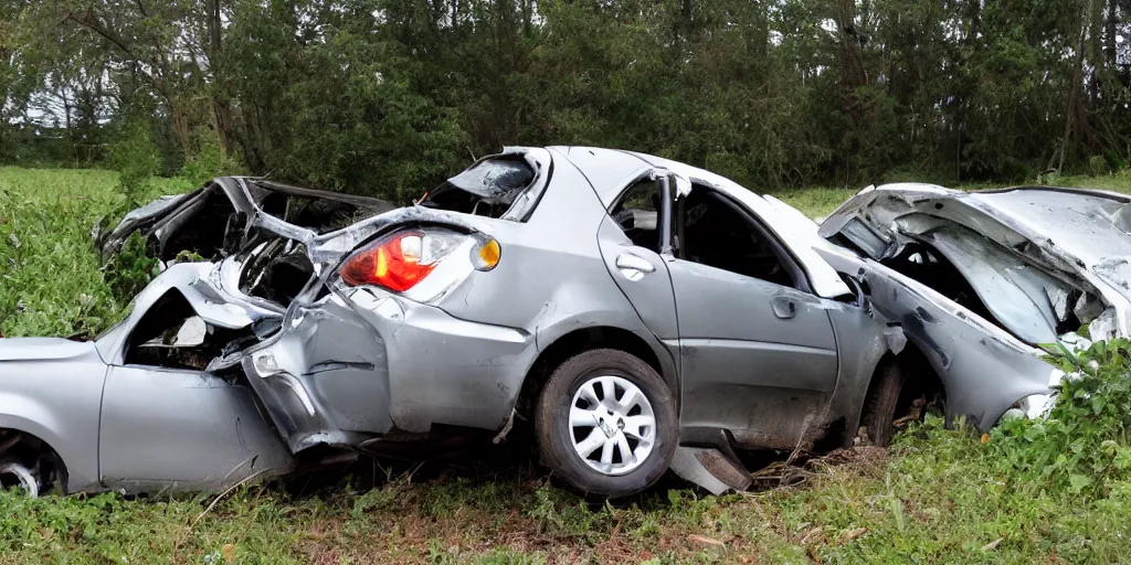 Prompt: A car with three wheels, wrecked in the ditch, fender bender