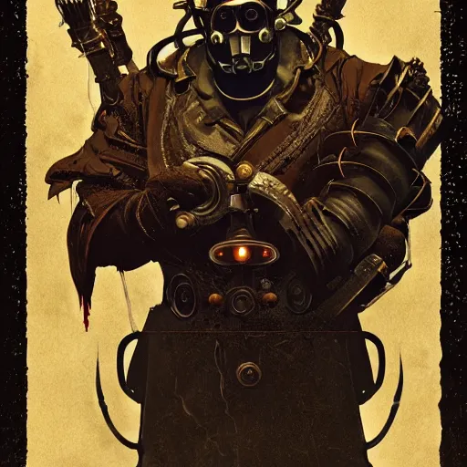 Image similar to an ultra detailed vector image of a big daddy from bioshock dressed as the hunter from bloodborne, concept art by alphonse mucha and greg rutkowski, scary shadows, blood moon eclipse, polaroid octane render, laminal space