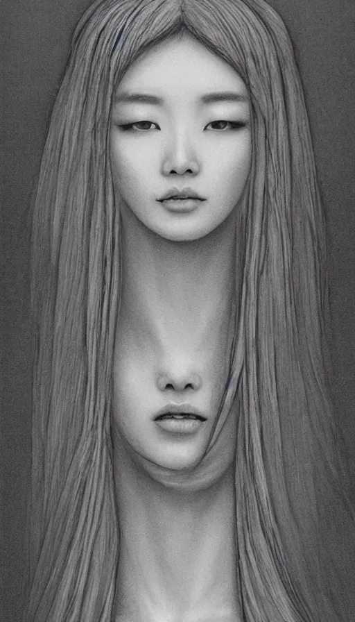 Image similar to model yoon young as the high priestess, by soeymilk, black and white graphite drawing, smooth render, 3 / 4 view