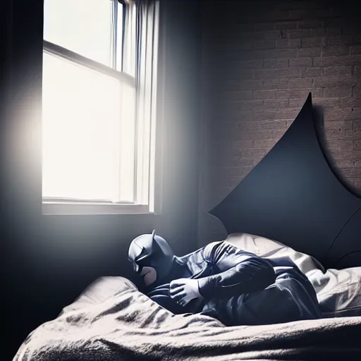Prompt: man sleeping in bed with batman lurking menacingly in the window