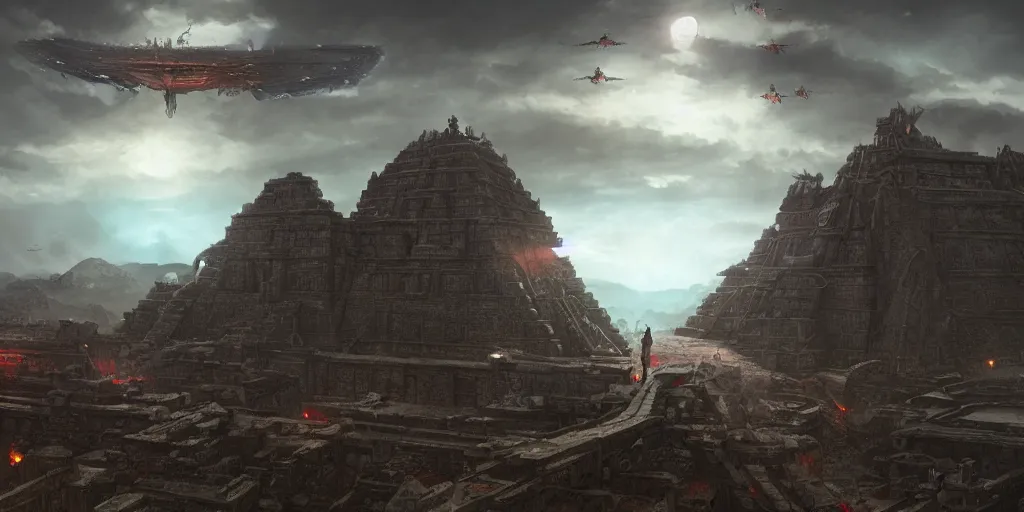 Prompt: A fierce Aztec warrior watches ominous alien spacecraft flying above the Aztec temple. Intense dramatic epic sci-fi cinematic concept artwork in the style of Jacek Pilarski and Greg rutkowski and Sylvain Lorgeou. Panoramic view. Trending on artstation