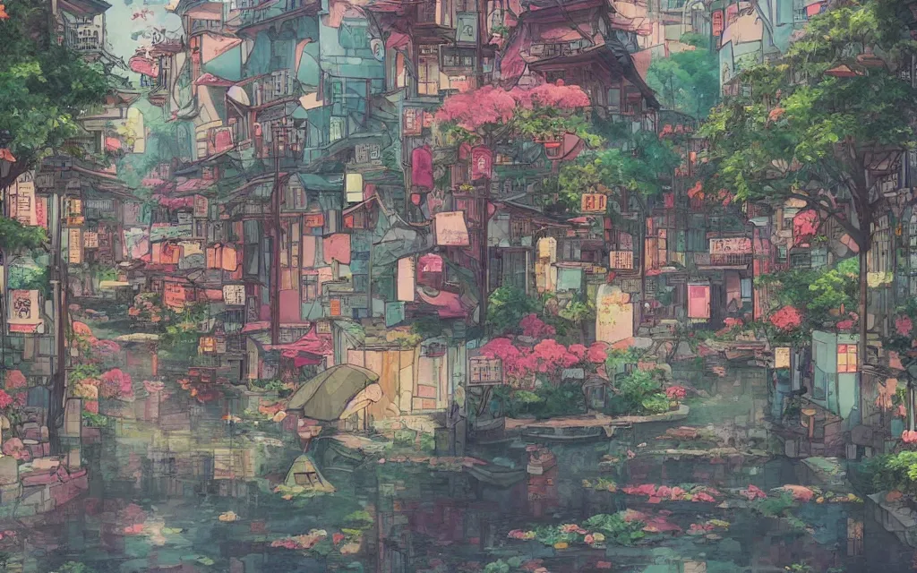 Image similar to a japanese city near the sea, lofi, dreamy, moody, very colorful, anime inspiration, ghibli vibe