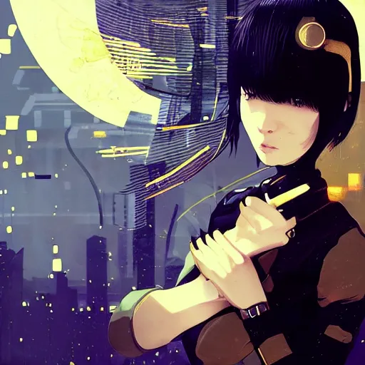 Image similar to Frequency indie album cover, luxury advertisement, golden filter, golden and black colors. A clean and detailed post-cyberpunk sci-fi close-up schoolgirl, she is very powerful, in asian city in style of cytus and deemo, mysterious vibes, by Tsutomu Nihei, by Ilya Kuvshinov, by Greg Tocchini, nier:automata, Yorda from Ico and Lain Iwakura, set in half-life 2, beautiful with eerie vibes, very inspirational, very stylish, with gradients, surrealistic, dystopia, postapocalyptic vibes, depth of field, mist, rich cinematic atmosphere, perfect digital art, mystical journey in strange world, beautiful dramatic dark moody tones and studio lighting, shadows, bastion game, arthouse