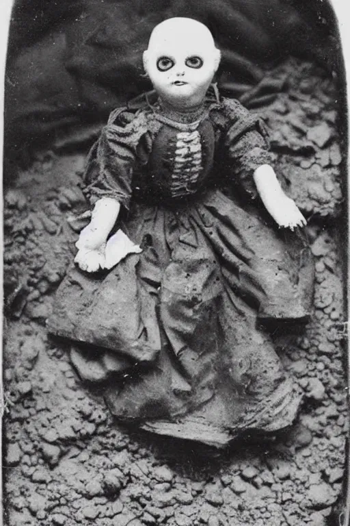 Image similar to dirty cracked crying vintage evil bald doll sitting in dirt basement cobwebs tintype photo