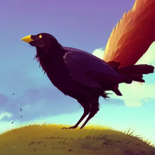 Image similar to a wholesome animation key shot of a crow on a hill, studio ghibli, pixar and disney animation, sharp, anime key art by greg rutkowski, bloom, dramatic lighting