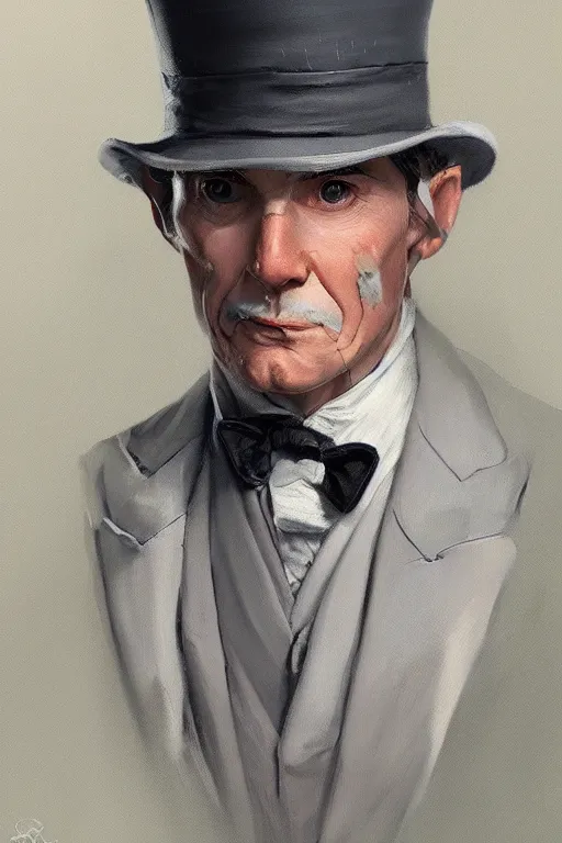 Prompt: a grey hair old halfling top hat and suit no beard by Greg Rutkowski, painting, portrait, HD, high details, trending on artstation
