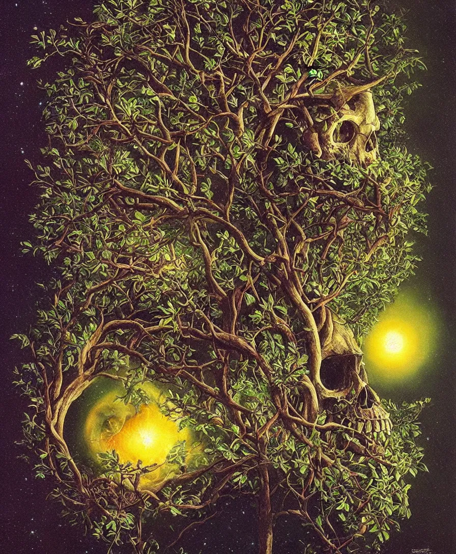 Prompt: the sprout of the tree of life has blossomed beautiful flowers sprouting from the eye socket of a charred skull, by Barclay Shaw and Bob Eggleton and Berndnaut Smilde