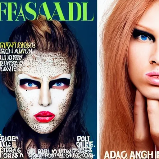 Image similar to -A man is changing his face into a beautiful female model's face in the fashion magazine.