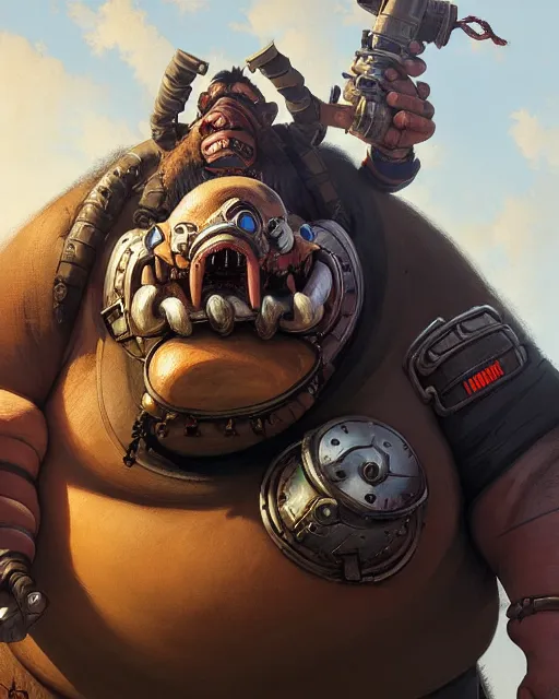 Image similar to roadhog from overwatch, character portrait, portrait, close up, concept art, intricate details, highly detailed by greg rutkowski, michael whelan and gustave dore