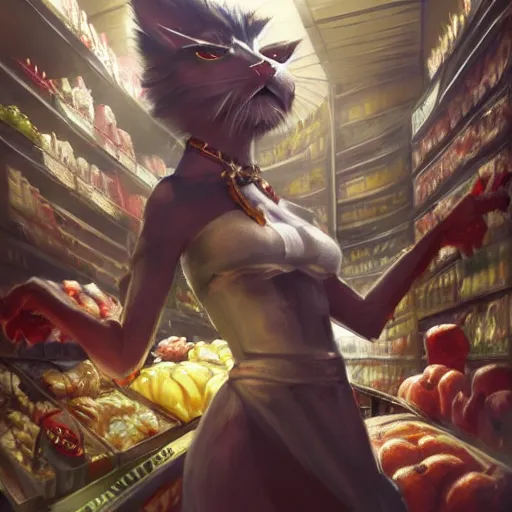 Prompt: digital painting of a super market grocery shopping elegant but deadly anthropomorphic cats with snake featured hybrid, by Greg Rutkowski, magic the gathering concept art, trending on artstation, 4k resolution, ((in a super market Costco))