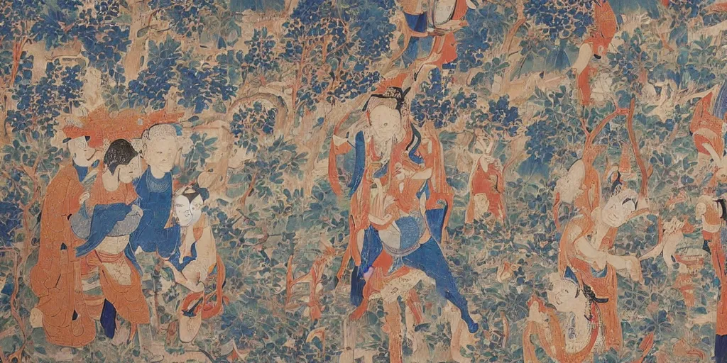 Image similar to beautiful dunhuang murals, blue, white deer