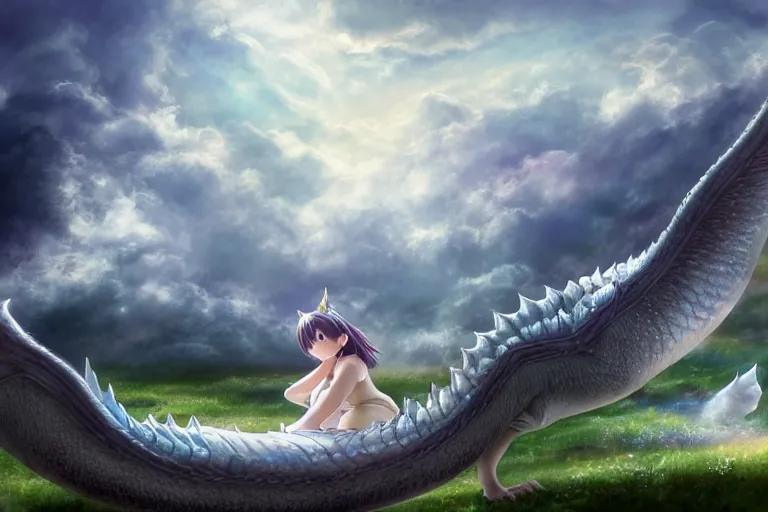 Image similar to a vast scene, panorama distant view, beautiful princess lie on the ground be surrounded snuggle by a huge silver white dragon, in the white clouds fairyland center, anime key visual of white dragon and girl, finely detailed perfect face delicate, distant lens, style of raphael lacoste, trending on pixiv fanbox, james jean, studio ghibli, xision