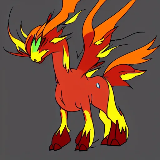 Image similar to mixture between rapidash and combusken, fire pokemon, horse chicken hybrid, a lot of fire, detailed, cartoon style