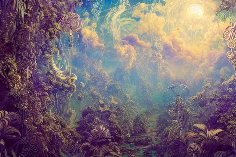 Image similar to simplicity, a huge flock of many ornate mottled puffy filigreed clouds tangled into large whirling ultra detailed crystal specimens, art nouveau jungle environment, playful, award winning art, epic dreamlike fantasy landscape, ultra realistic,