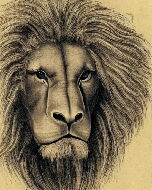 Image similar to human - eagle - lion - ox portrait. horns. beak. mane. drawn by da vinci