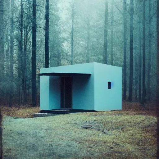 Prompt: tiny modern concrete house, in the wood, mist, analogue photo quality, blur, unfocus, film grain, blue color bleed, old paper printing