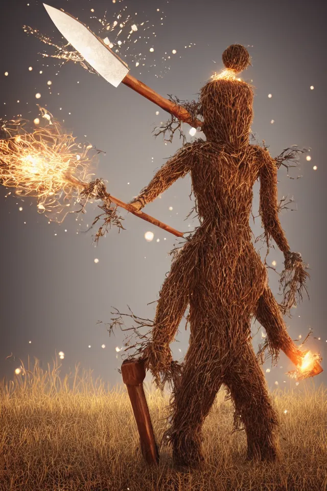 Image similar to beautiful octane render portrait of a big wooden scarecrow, floating particles, sparks, made of wood holding a very shiny metallic aluminium rustic axe, bokeh, soft focus, f 1. 8, unreal engine, particles, raytracing