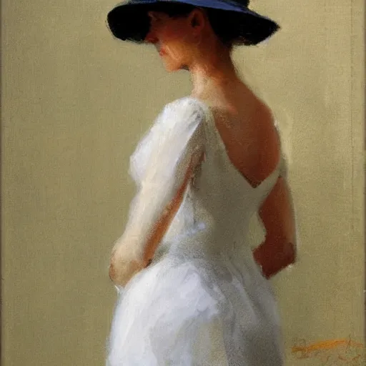 Prompt: woman with hat, back view, wedding dress, by dennis miller bunker