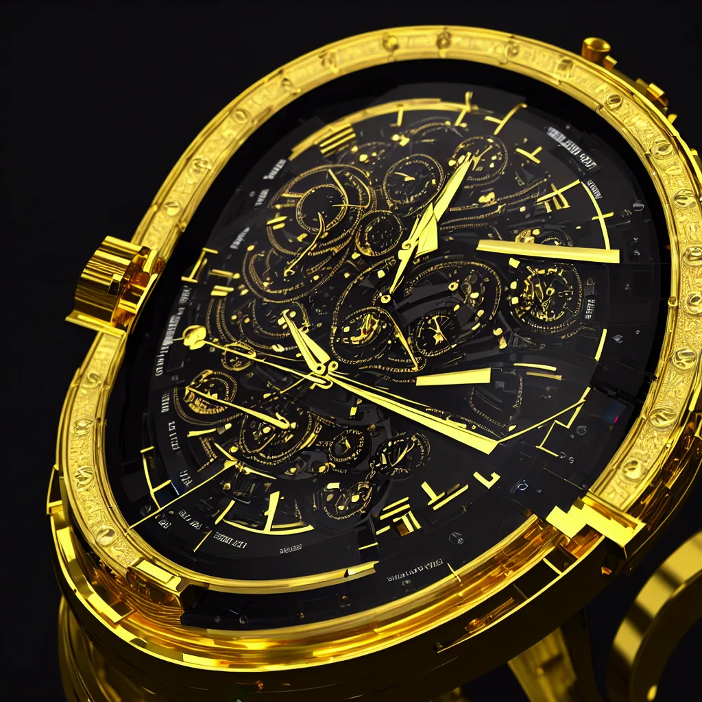 Image similar to full product photo of a 5 million dollar luxury men's watch with gold electronics and neon cybernetics, 4 k photorender realityengine