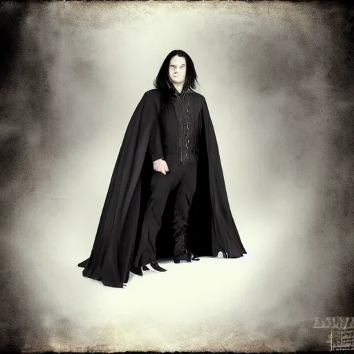 Image similar to a vampire, male, late - 4 0 s aged, long, slicked black hair, clean shaven, wearing a cape, regal, royal, grim facial expression, high fantasy, cinematic shot, red and black colors, full body shot.