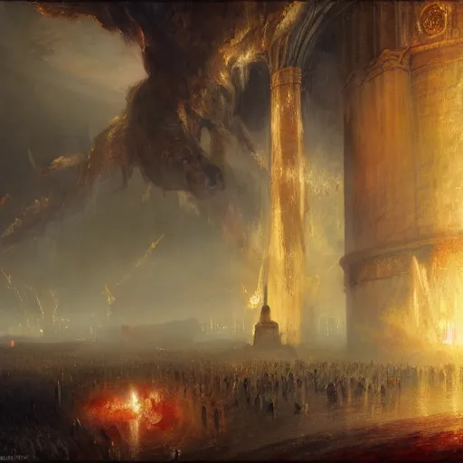 Image similar to highly detailed painting of alien androids attacking washington dc, by william turner, by greg rutkowski, by william constable, thick brush strokes and visible paint layers, 4 k resolution