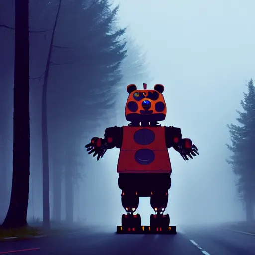 Image similar to a giant freddy fazbear robot animatronic bear in the middle of a foggy street, award - winning art by simon stalenhag, trending on artstation