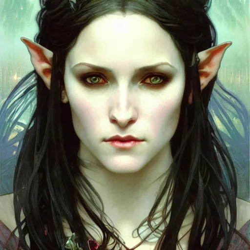 Image similar to Portrait of a pretty half-elf half-vampire young woman. Her hair has black strands and white strands. Her eyes have red irises and vertical pupils. Art by Greg Rutkowski and Alphonse Mucha